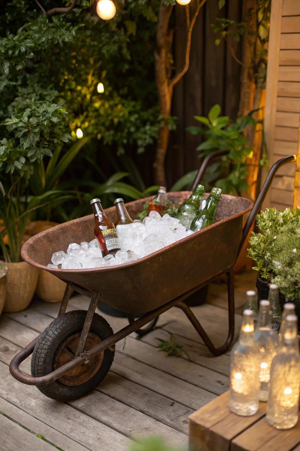 Add a playful touch to your wedding with a garden wheelbarrow cooler, perfect for outdoor celebrations. 🍹🌿 #WeddingIdeas #GardenParty