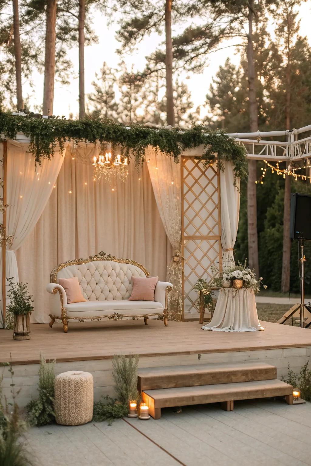 Chic seating arrangements add elegance and comfort to your wedding stage, creating a perfect spot for memorable moments.
