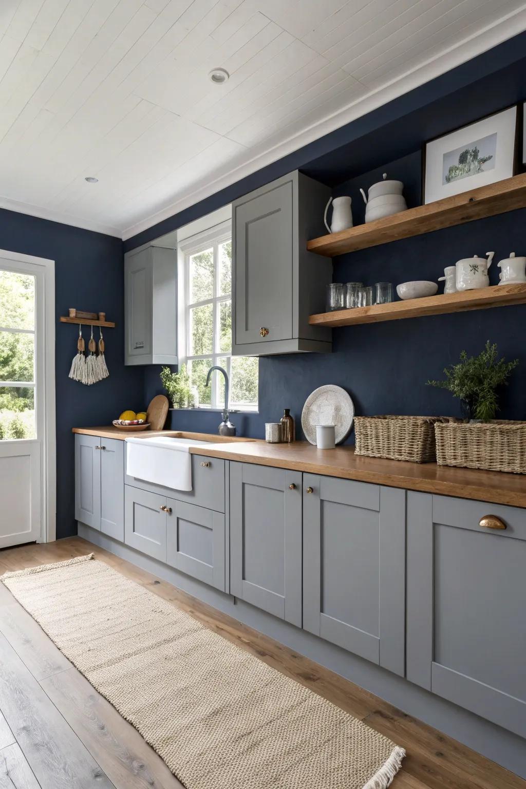 Create a dramatic kitchen space with navy blue walls that beautifully contrast with gray cabinets. 🌟 #KitchenInspiration #BoldDesign