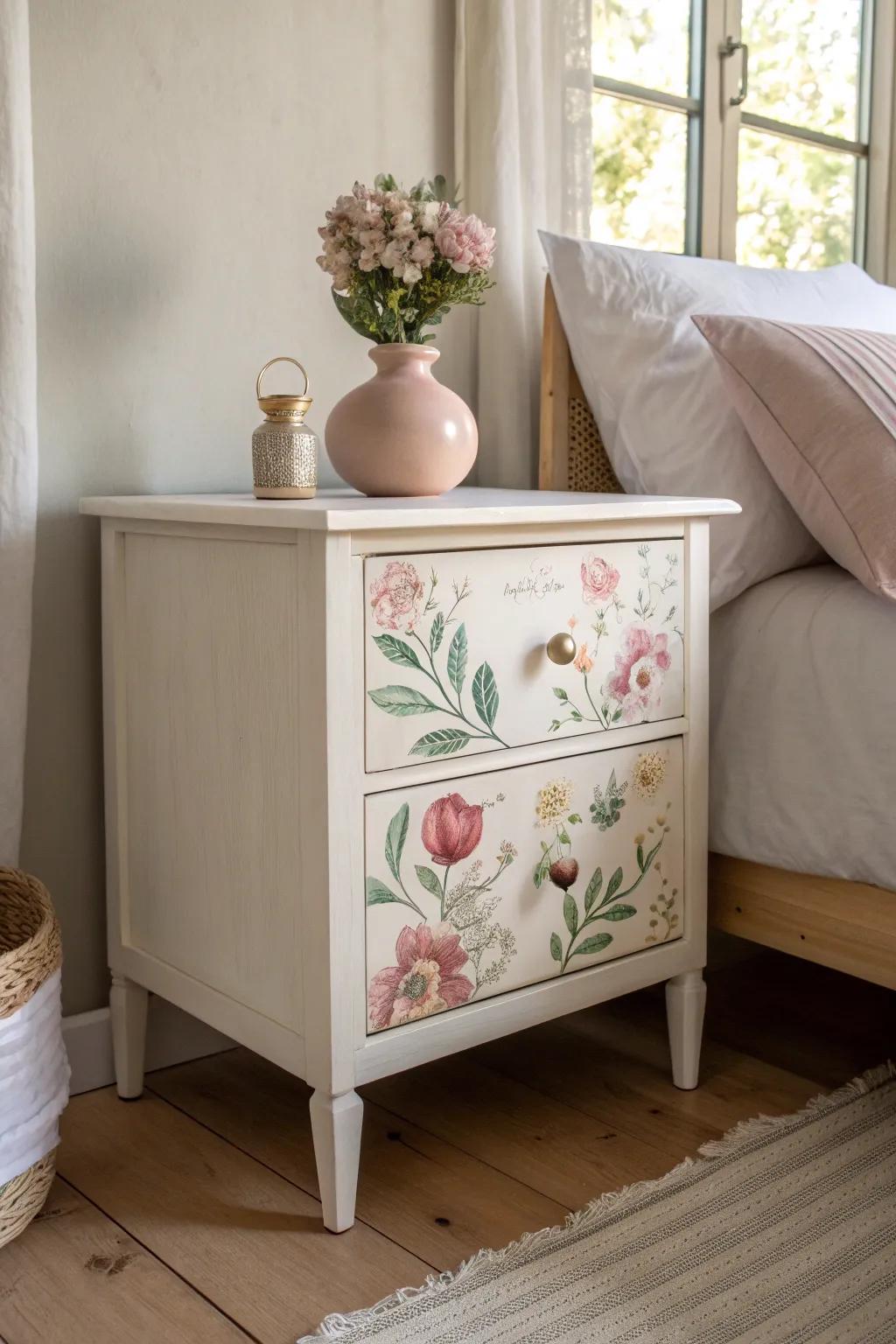 Create a dreamy bedroom ambiance with a floral hand-painted nightstand. 🌸 #FloralDesign #HomeDecor #BedroomInspiration
