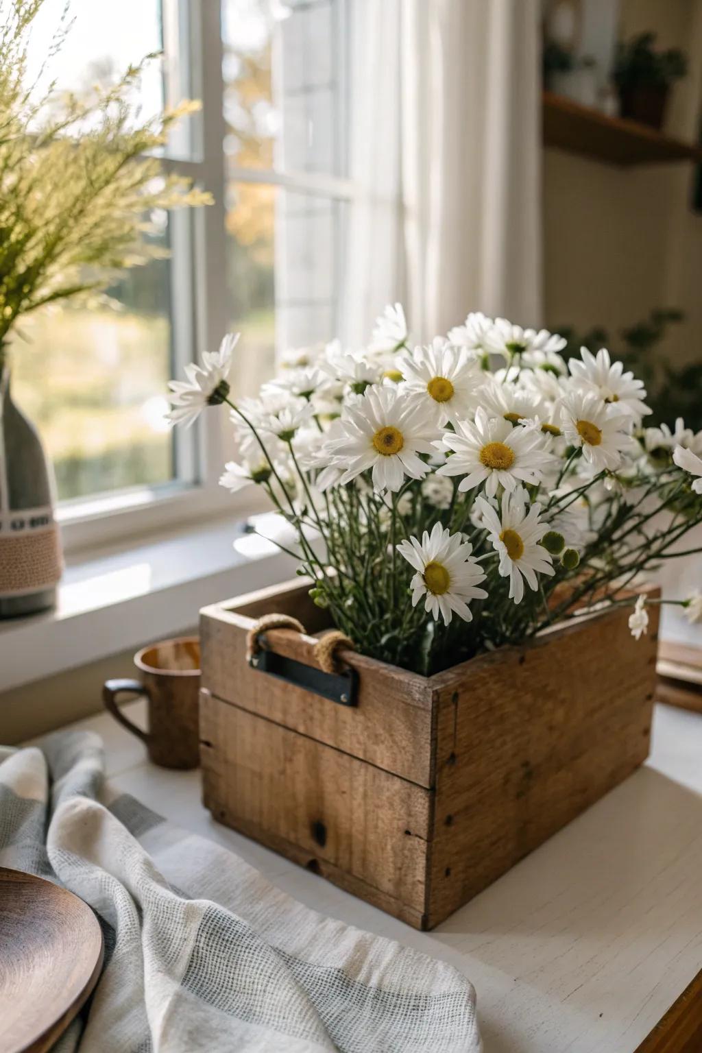 Country charm: White daisies in a rustic box bring warmth to any kitchen. 🌼 #RusticCharm #HomeDecor