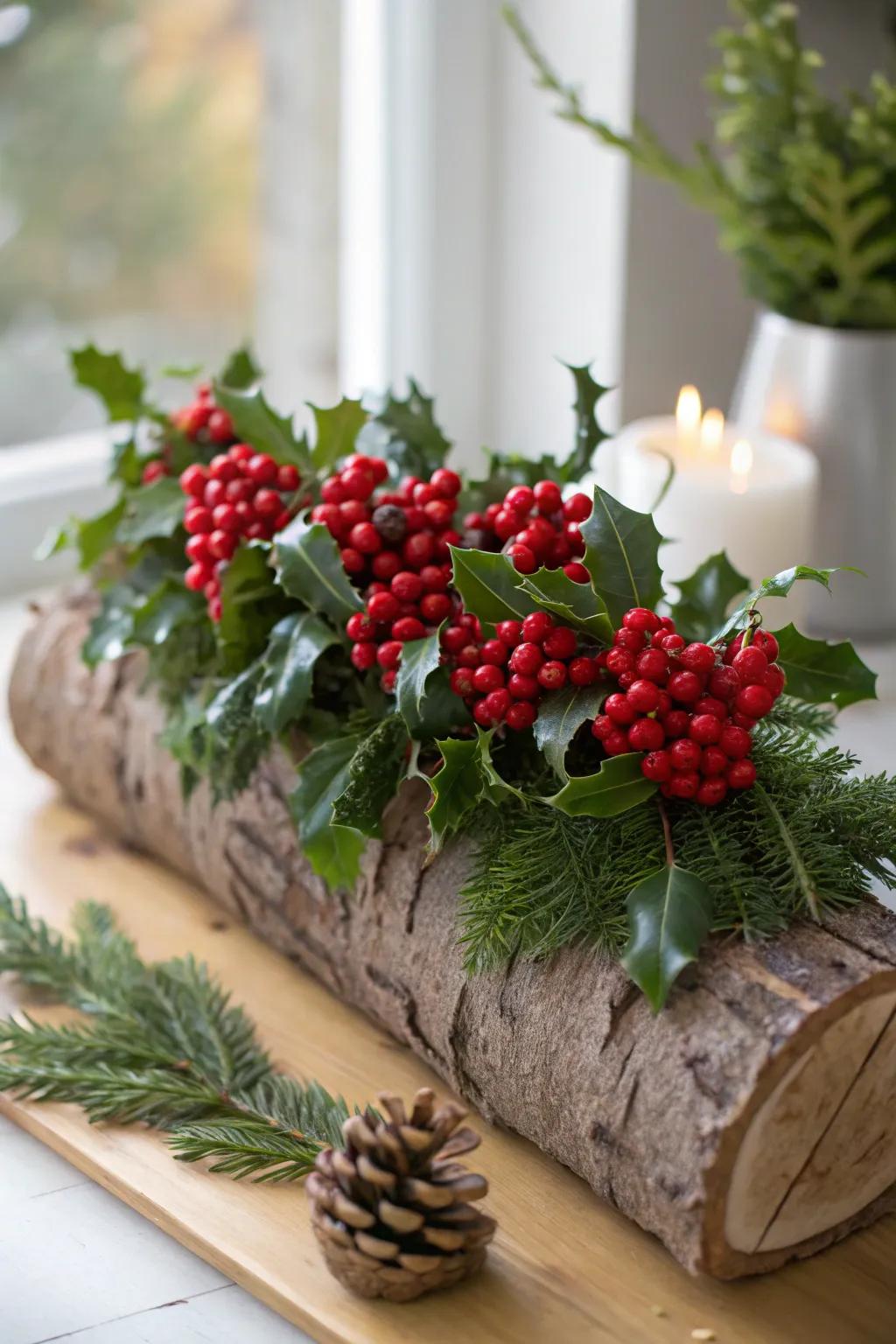 Add a splash of color with vibrant berries that brighten up any yule log display. 🌿