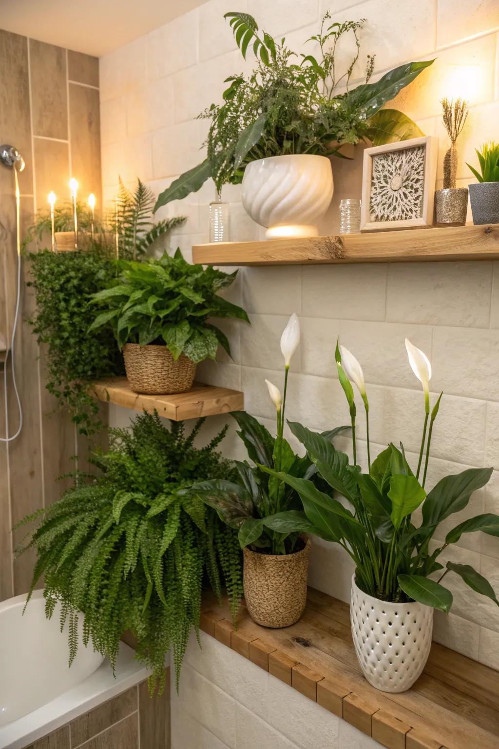 Create a striking display with peace lilies adorning your bathroom shelves.