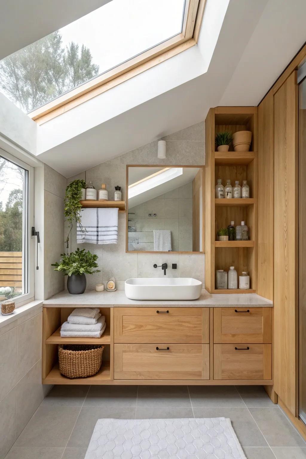 Smart soffit designs maximize space while keeping the bathroom clutter-free.