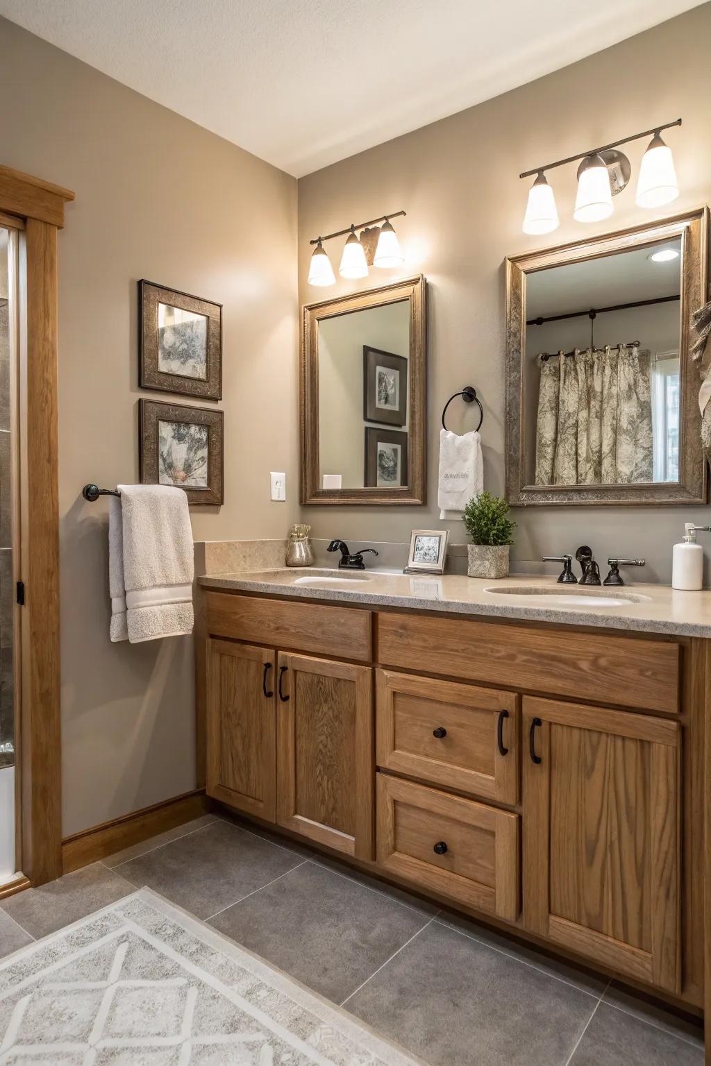 A neutral palette complements oak cabinets, offering a calming and serene bathroom atmosphere.