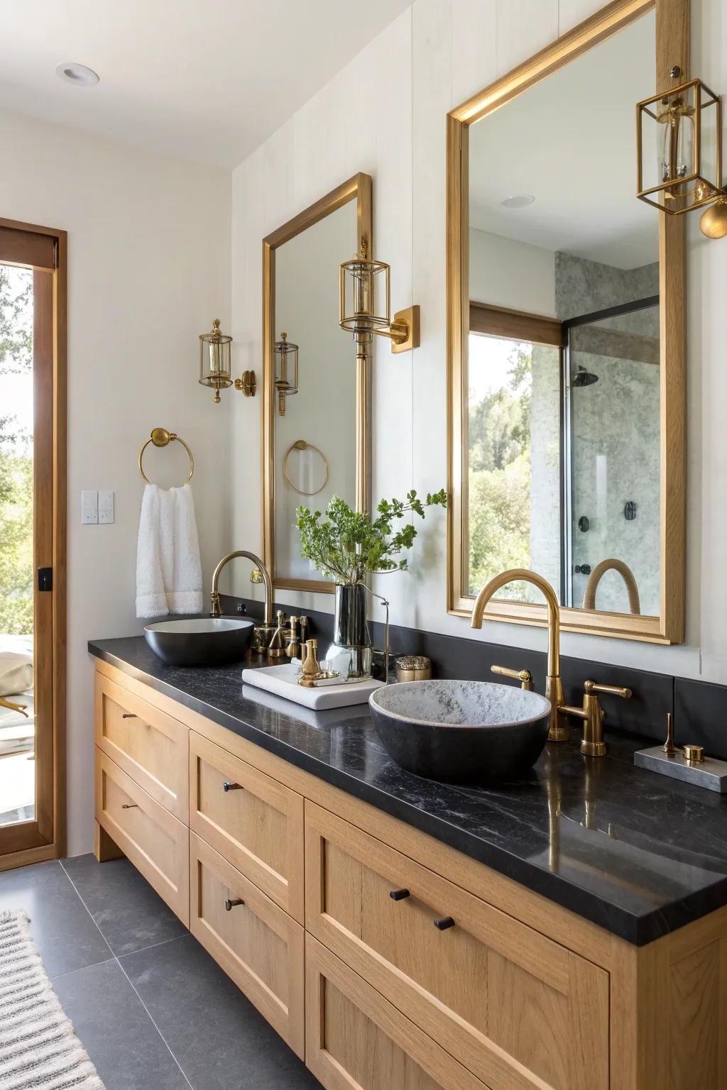 Sophistication meets style with metallic accents complementing black countertops.