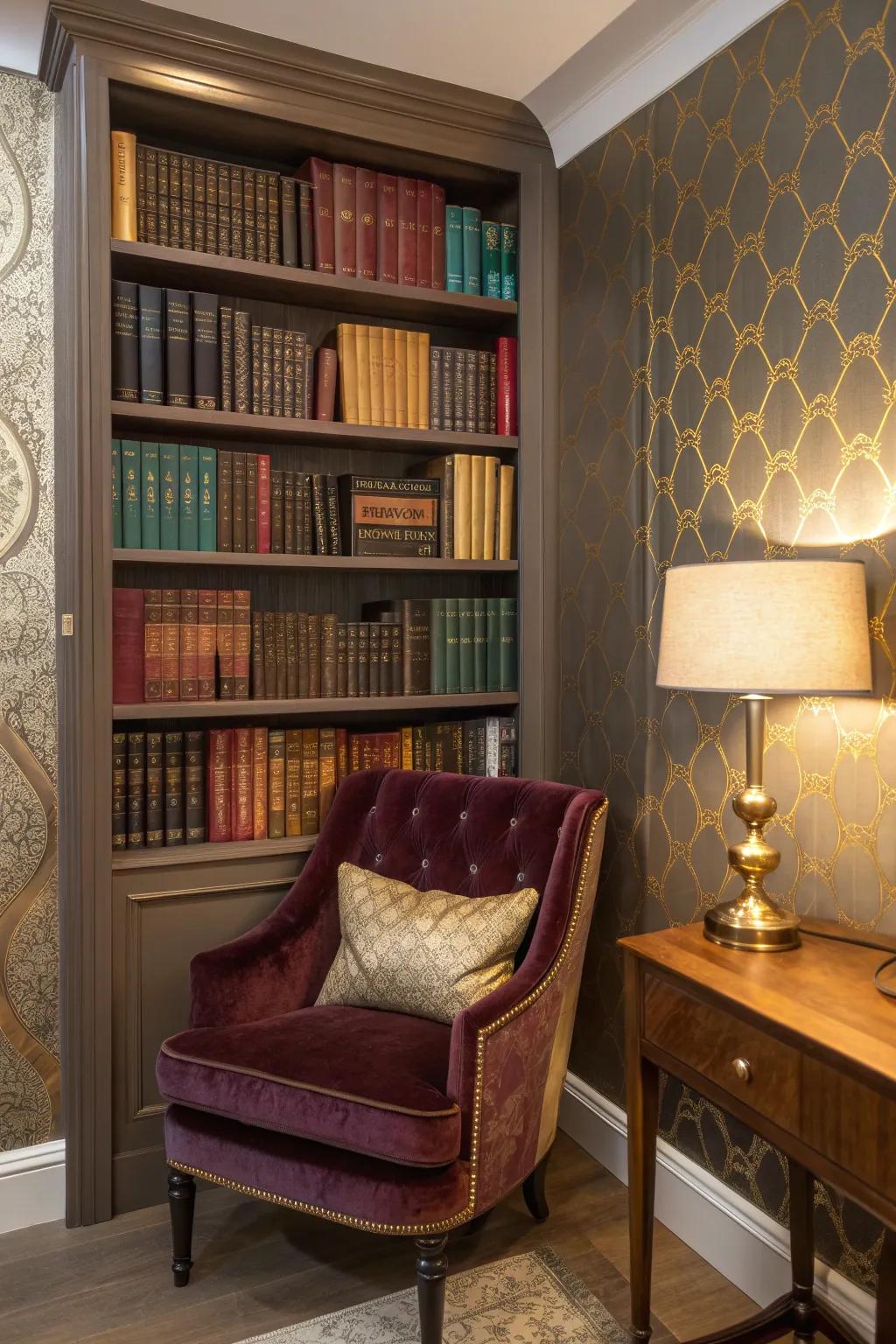 Add personality and depth to your shelves with vibrant wallpaper backing.
