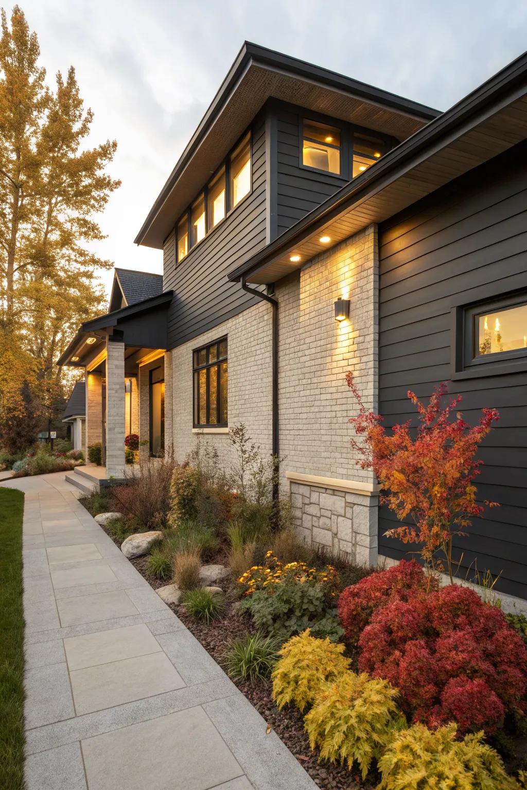 Sophisticated drama with charcoal siding and light brick accents.