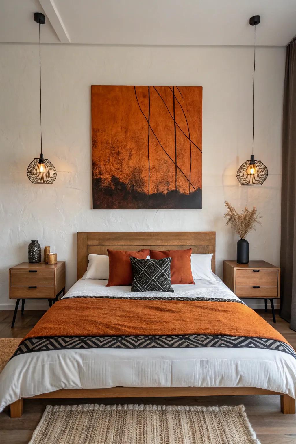 Abstract art in burnt orange and black brings an artistic touch to any bedroom.