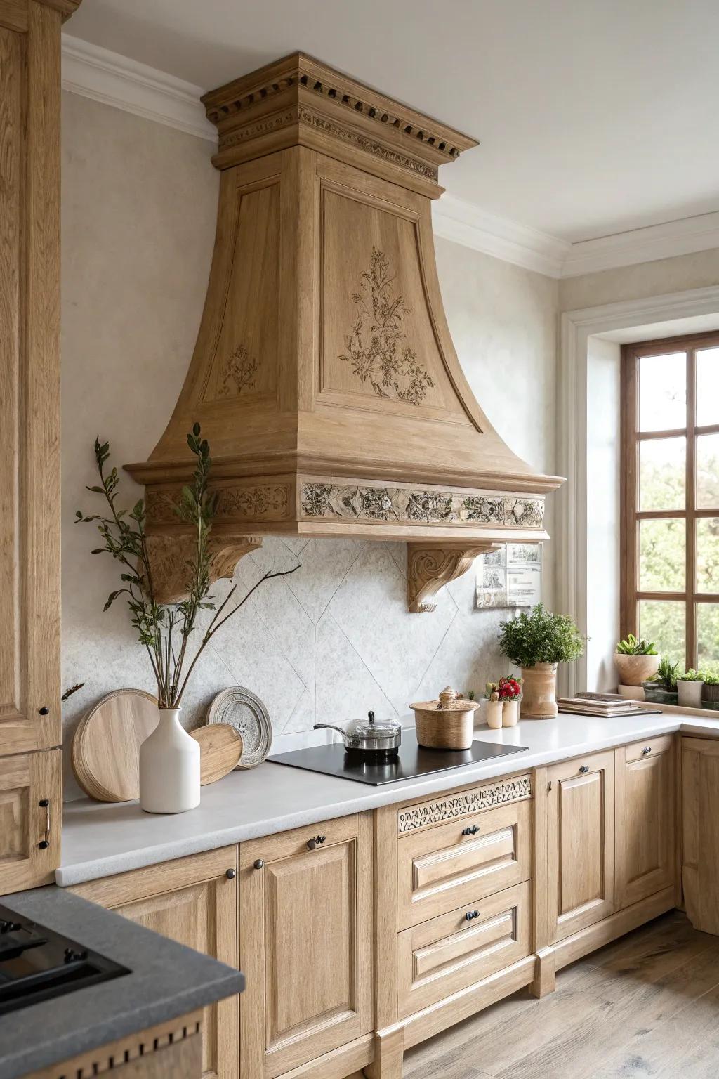 Transform your range hood into a focal point with decorative trims and molding for timeless elegance.