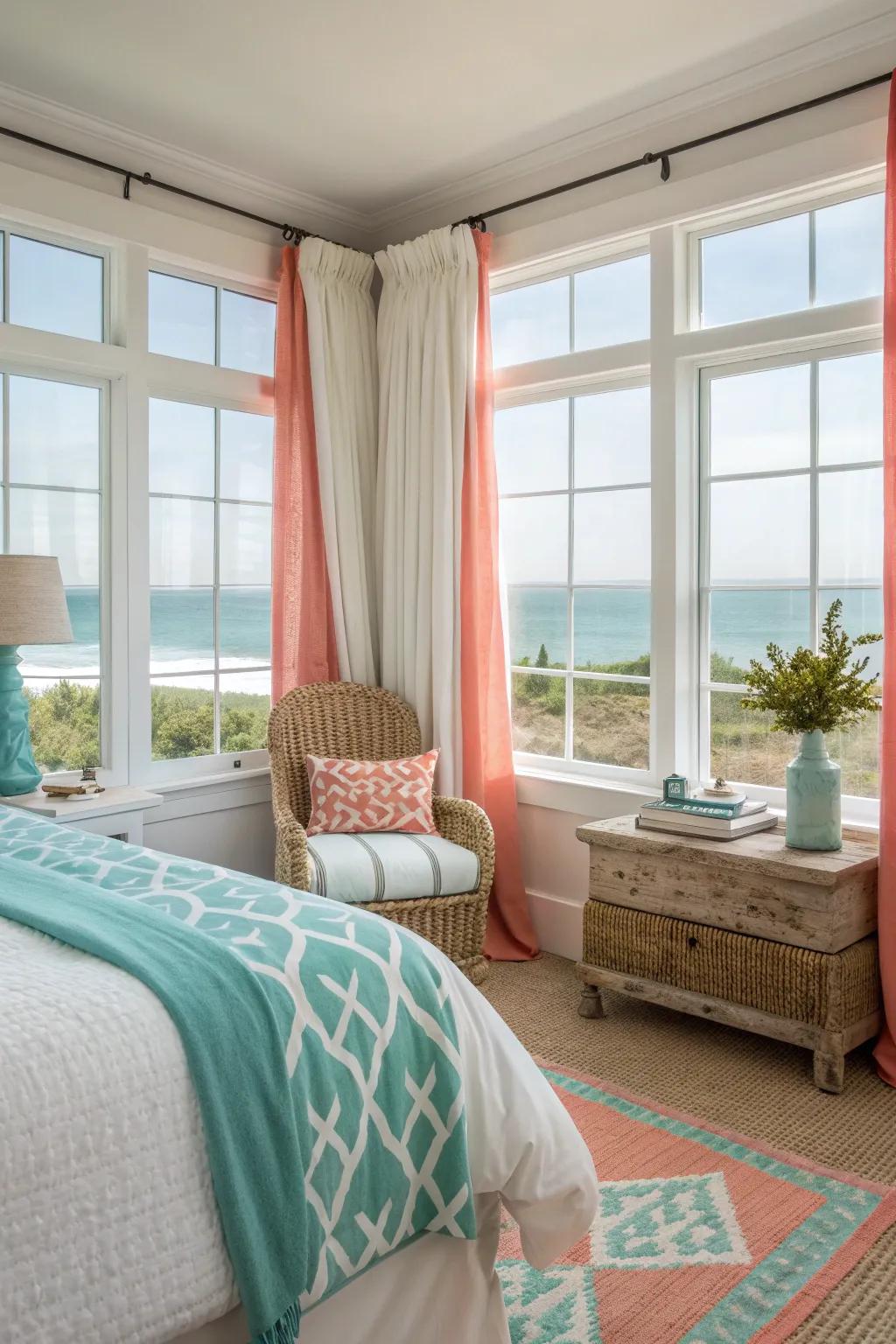 Sunlight pours in through large windows, enhancing the airy feel of this coastal-inspired bedroom.