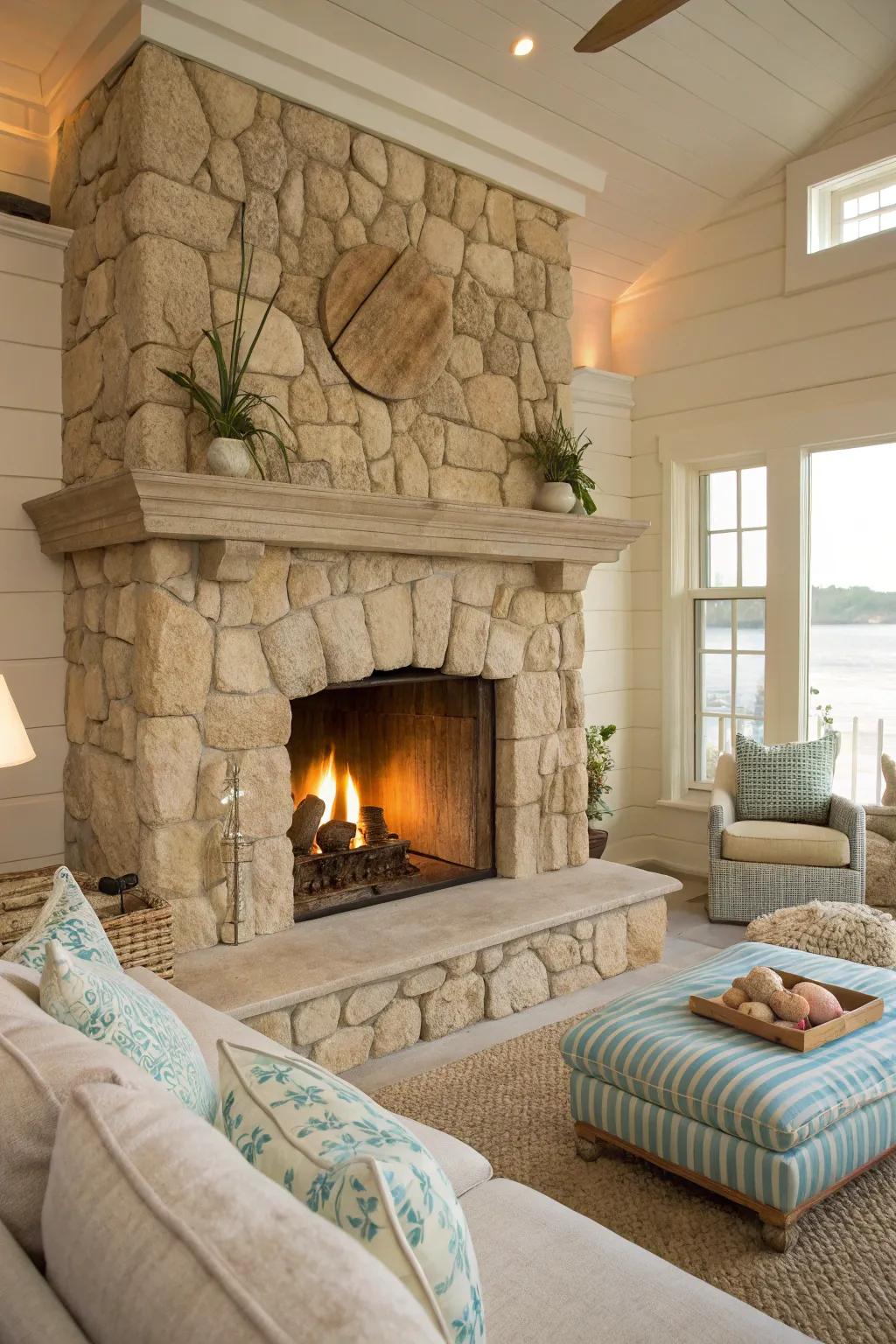Embrace the raw elegance of natural stone for a fireplace that feels both sturdy and serene.