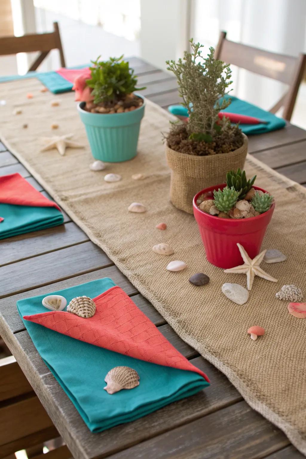 Add natural texture to your table with a burlap runner and coastal accents. Perfect for a relaxed, beachy vibe.