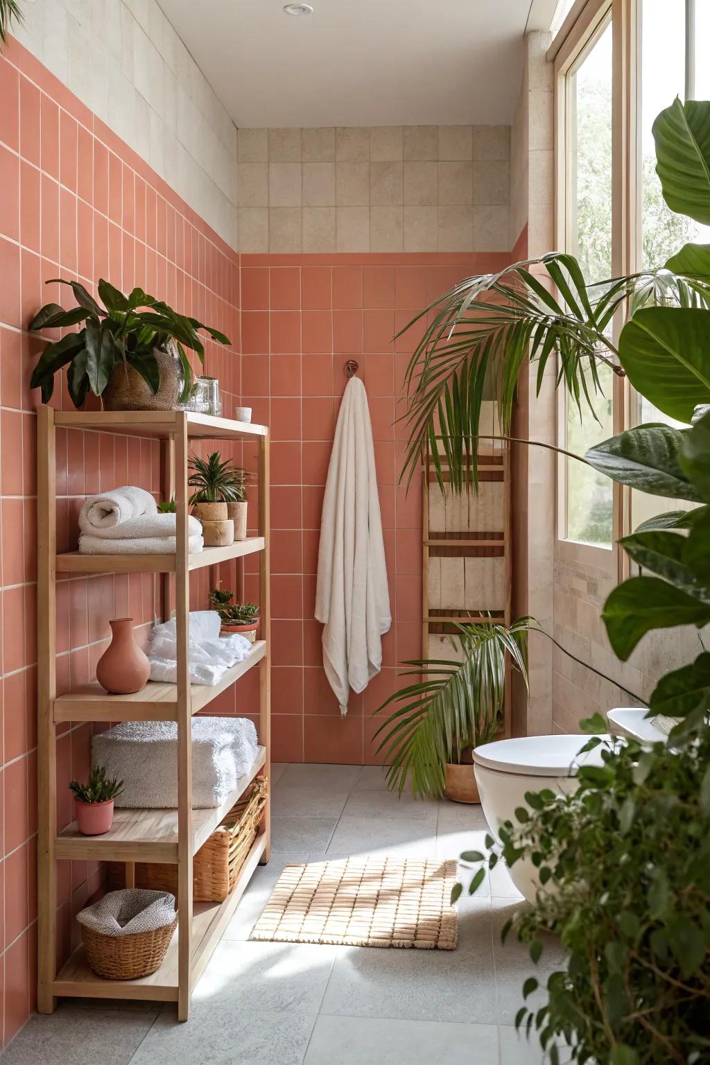 Coral and greenery make a perfect pair, bringing life and color to your bathroom.