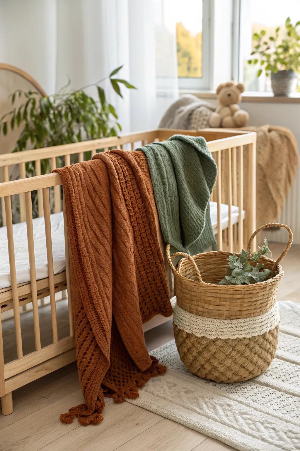 Soft textiles in earthy hues wrap your baby in warmth and comfort.