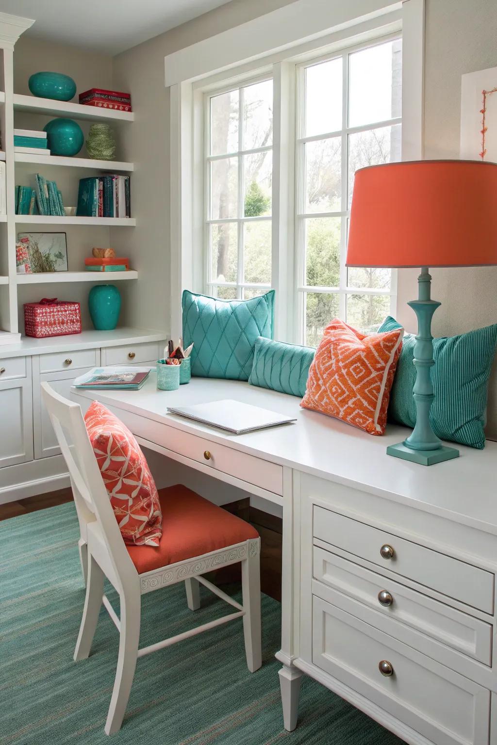Combine classic white furniture with colorful accents for a fresh, lively craft room atmosphere.