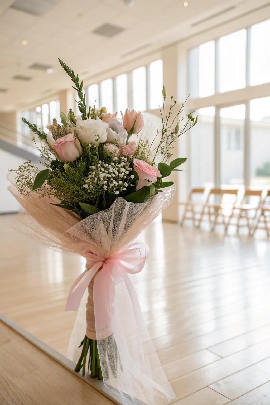 Transform your bouquet into a whimsical masterpiece with a tulle wrap, perfect for any dancer.