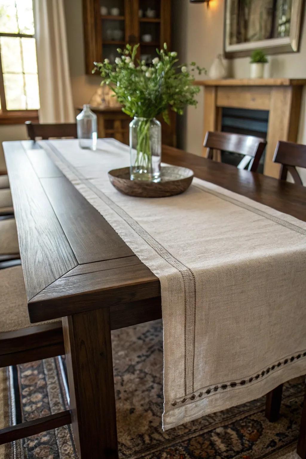 Introduce elegance with a simple runner that highlights your table's rich texture.