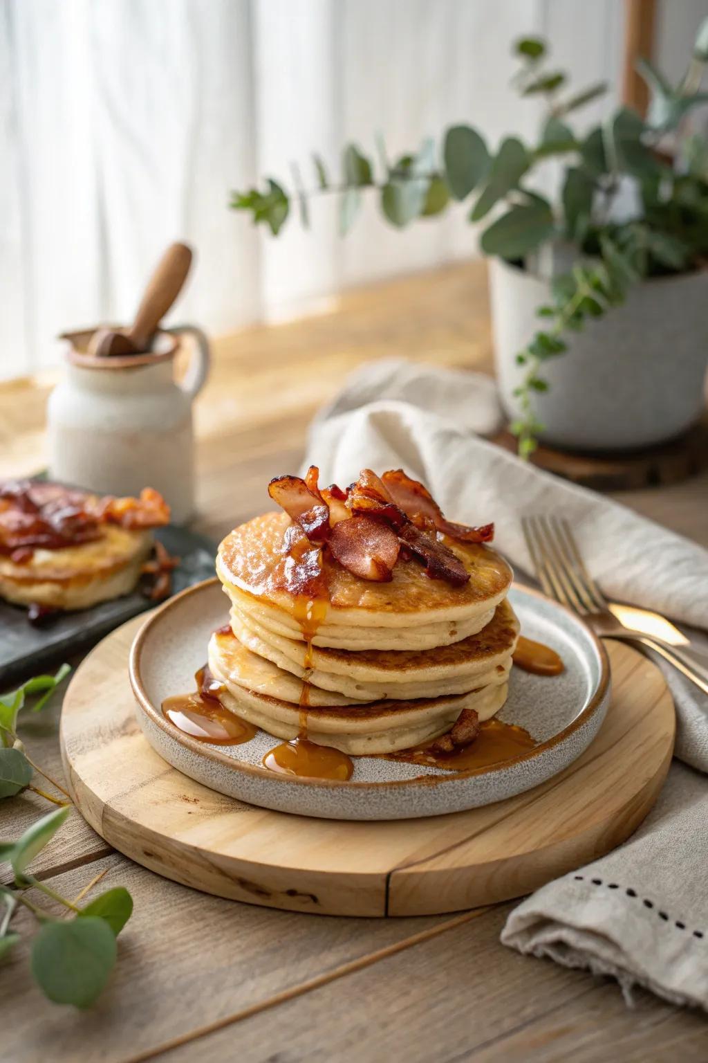 Combine sweet and savory with this irresistible pancake stack, perfect for a leisurely morning feast.