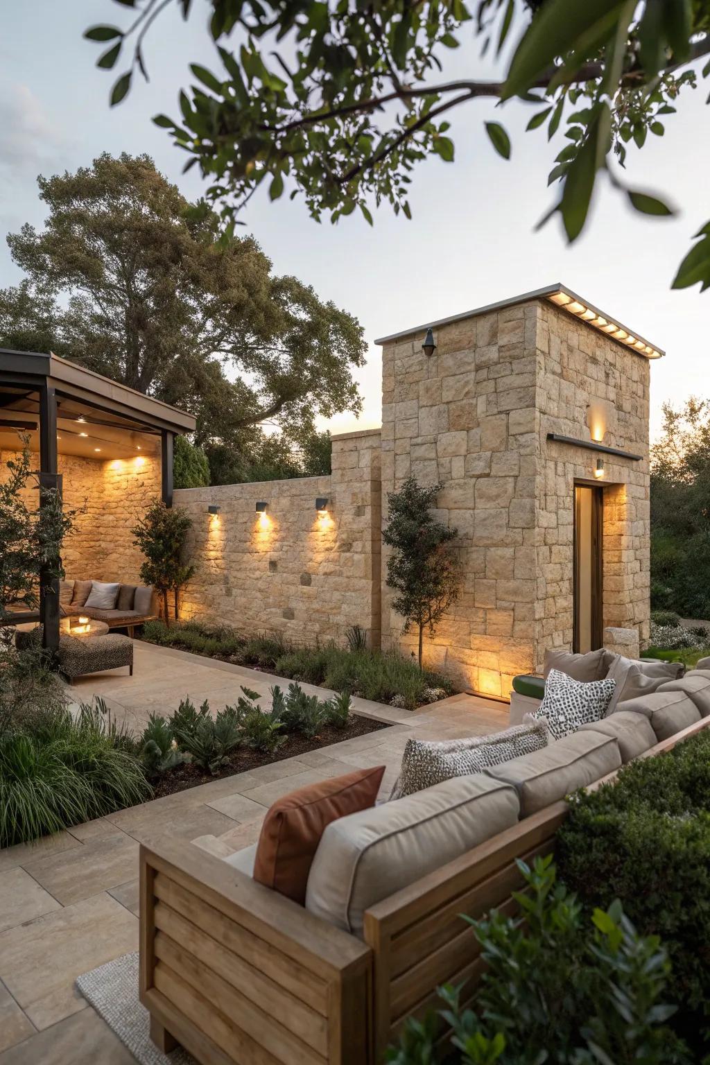 Create a serene outdoor living space with stone cladding that harmonizes with nature's beauty.