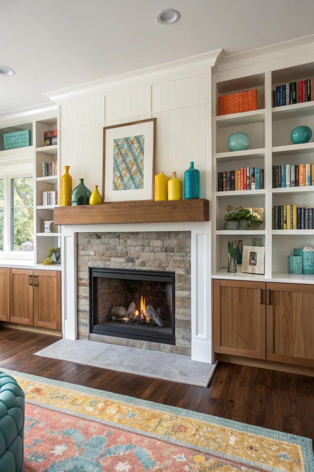 Enhance your fireplace with built-in shelving for a practical and stylish design solution.