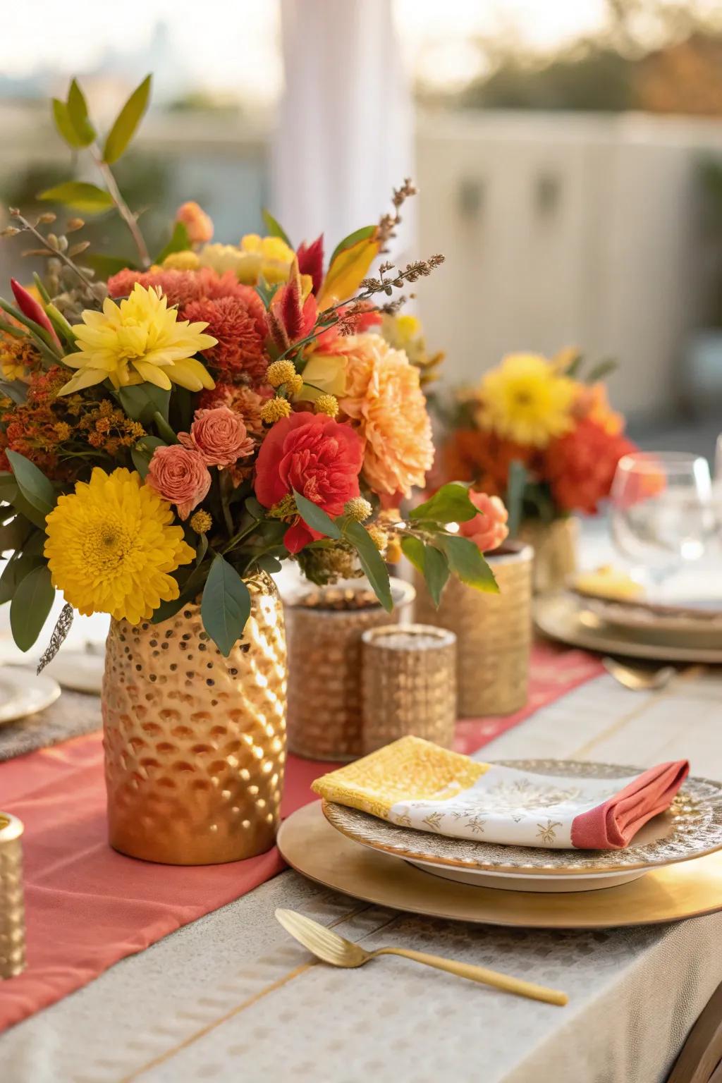Nature meets luxury with floral arrangements accented in gold, creating a harmonious dining atmosphere.