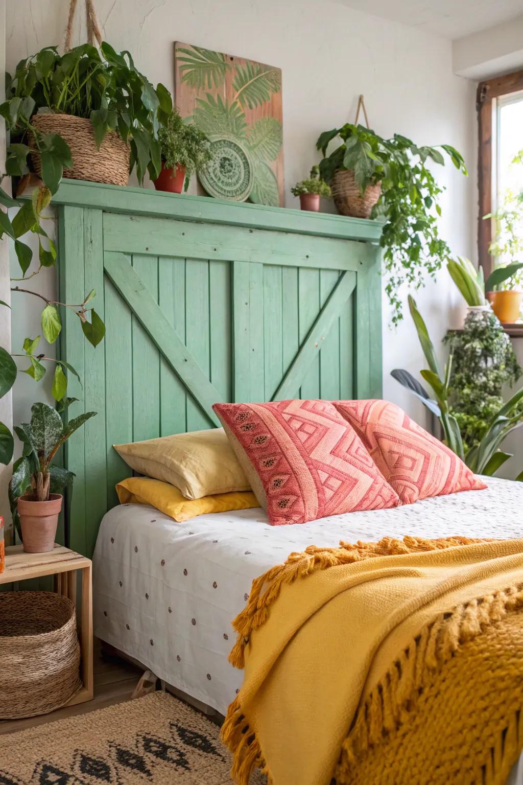 Capture bohemian charm with a green reclaimed wood headboard that tells a story of style and sustainability.