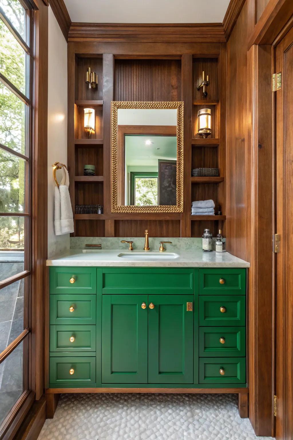 Blend the natural beauty of wood with green for a harmonious and welcoming bathroom.