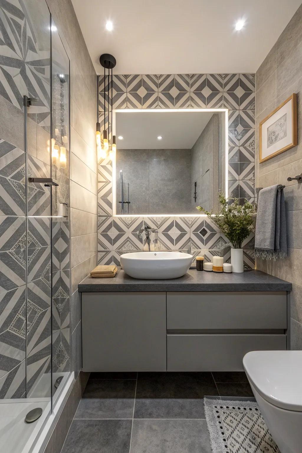 Geometric patterns transform your bathroom floor into a striking visual centerpiece.