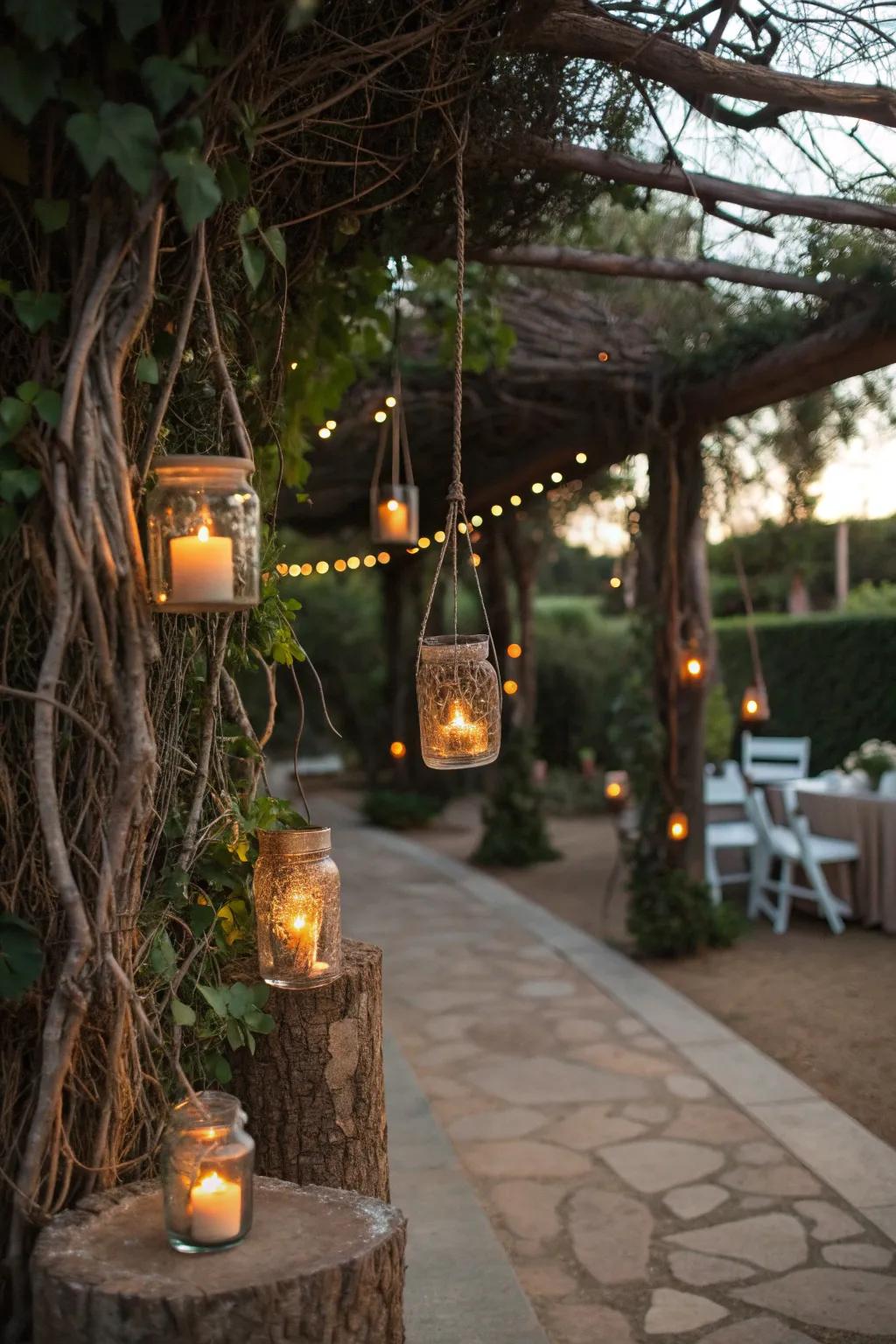 Rustic mason jar lanterns cast a cozy glow, perfect for outdoor gatherings.