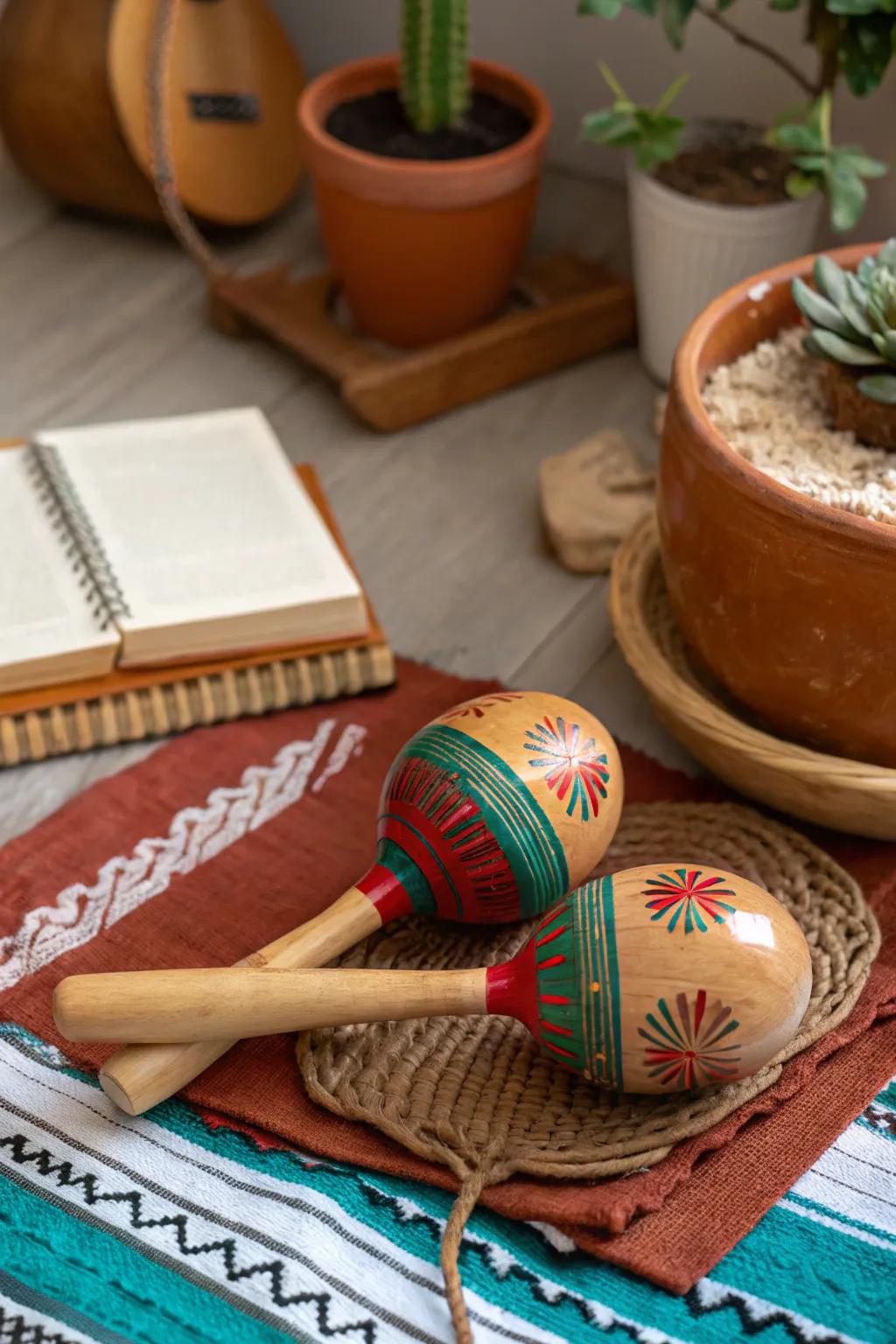 Add a rhythmic touch to your decor with vibrant maracas that embody the spirit of celebration.
