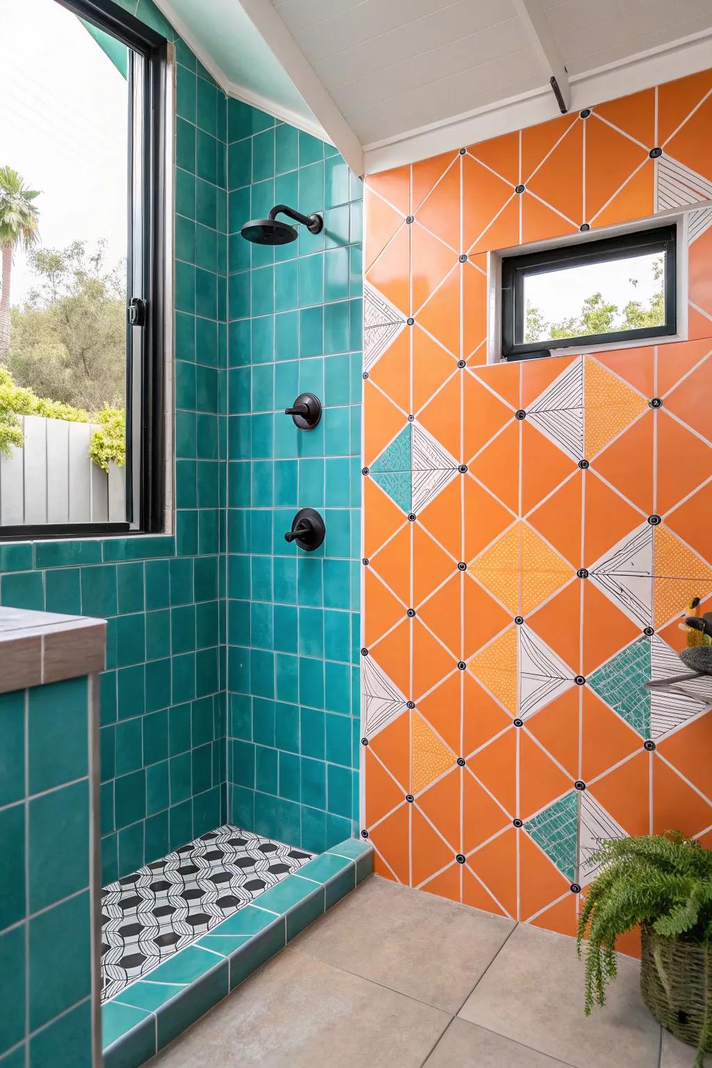 Transform your shower with minimalist geometric patterns for a chic, contemporary vibe.