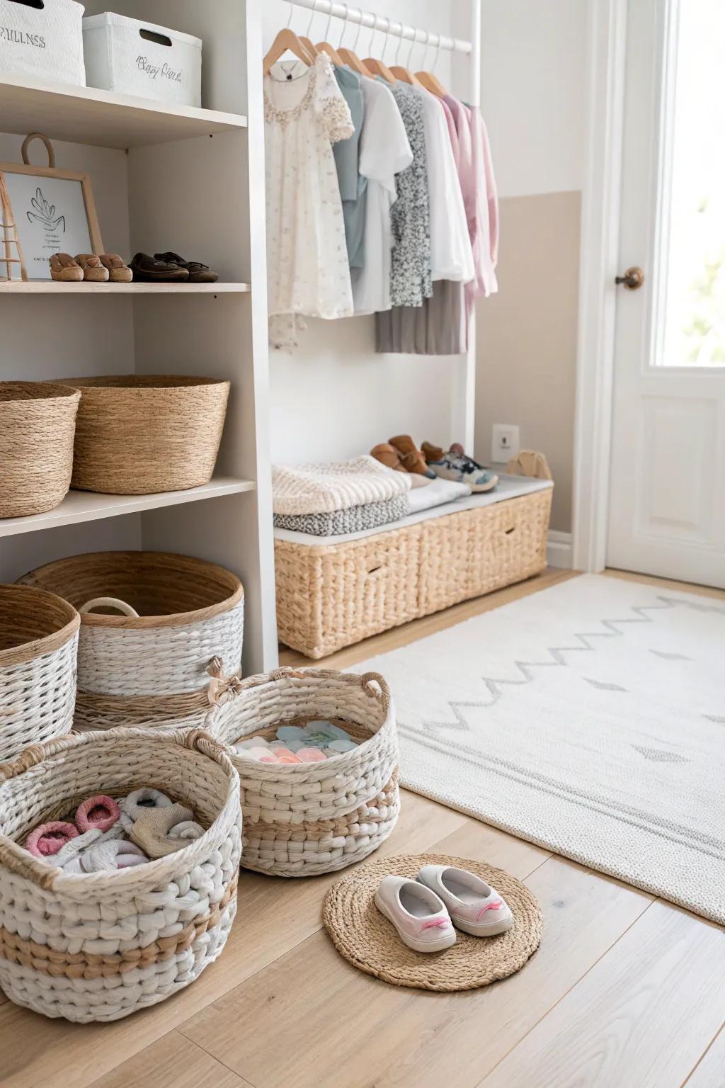 Make the most of floor space using baskets—it's all about accessibility and neatness.