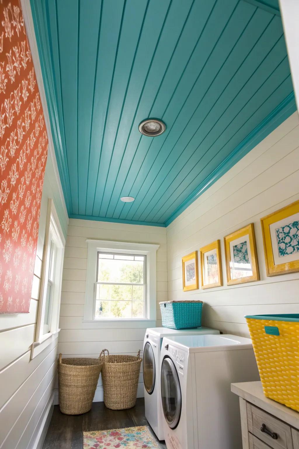 Achieve a clean and polished look with a shiplap ceiling in your laundry room. #ShiplapStyle #CleanDesign