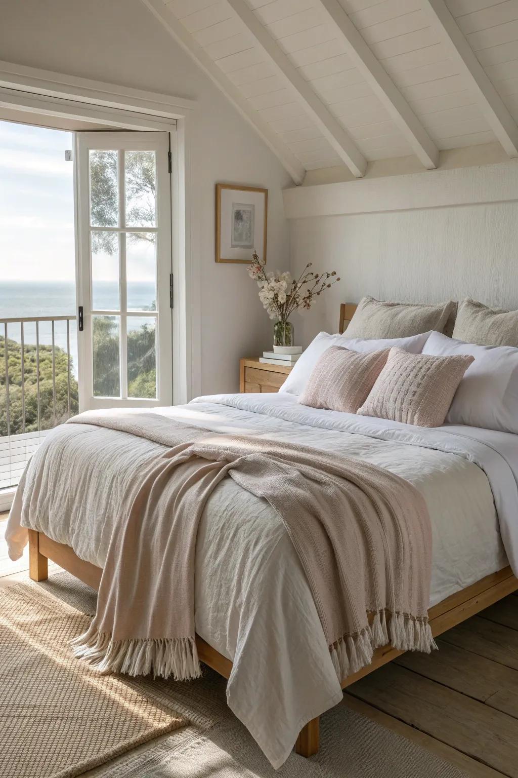 Soft textures like linen and cotton create a cozy yet airy environment, perfect for unwinding.