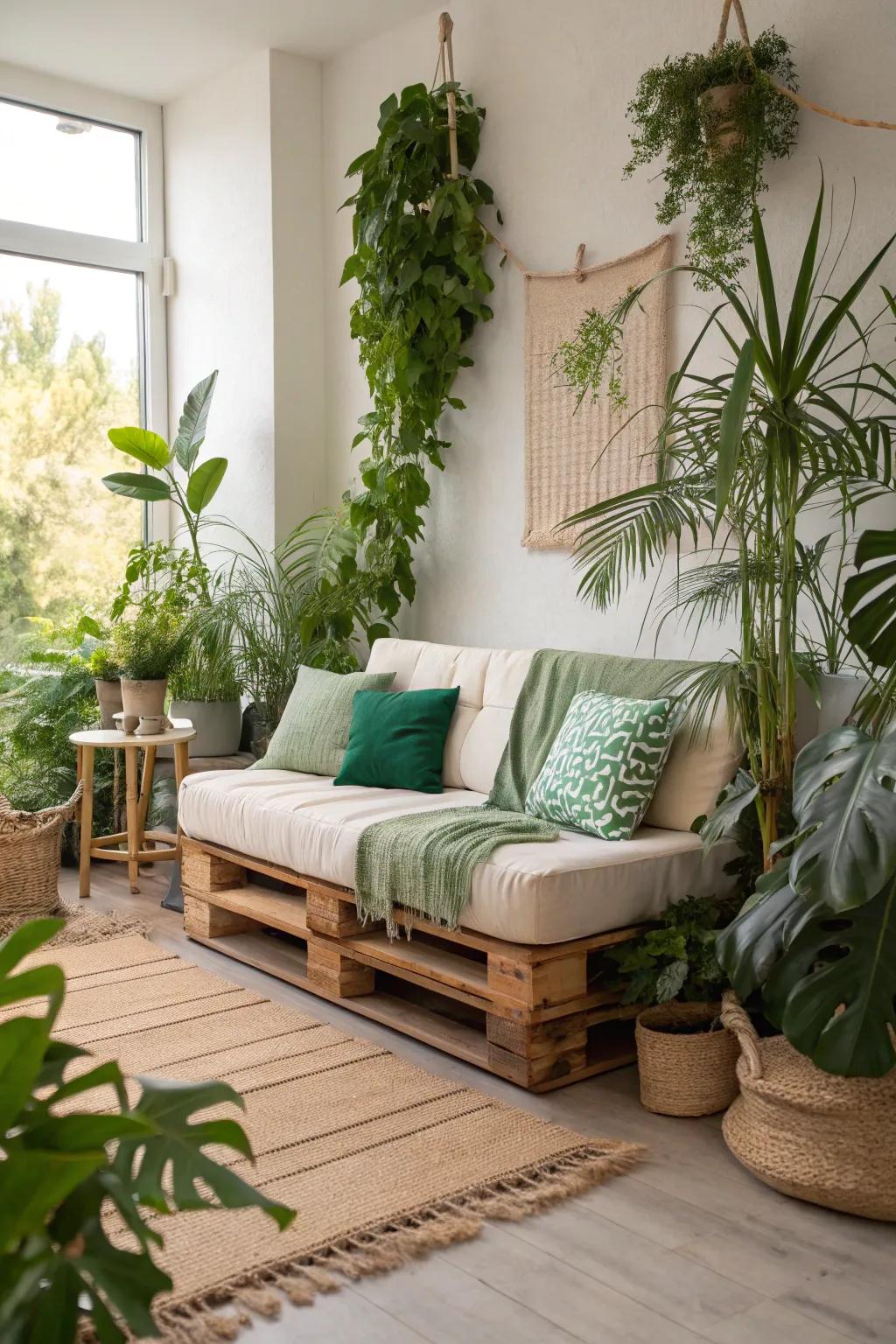 Turn your living room into a lush indoor oasis with a nature-inspired pallet sofa setup. 🌿 #IndoorOasis #GreenLiving