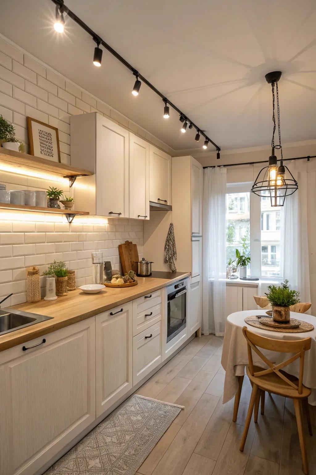 Track lighting provides flexibility and style, perfect for highlighting kitchen features. 🌟 #KitchenDesign #TrackLighting #HomeDecor