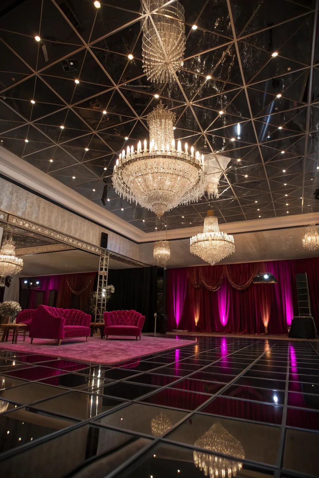 Amplify elegance with a chandelier mirrored ceiling combo that shines brilliantly.