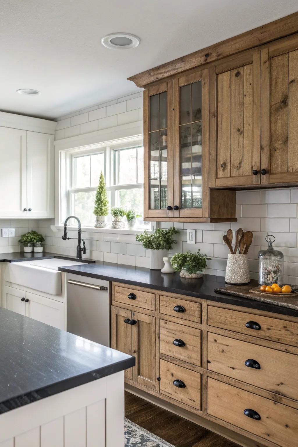 Embrace the unexpected with a rustic and sleek cabinet combination.