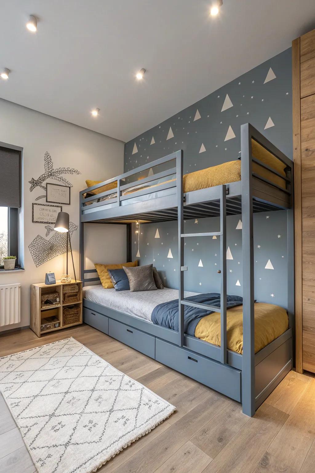 Bunk beds add a playful touch while maximizing space for a stylish and functional room.