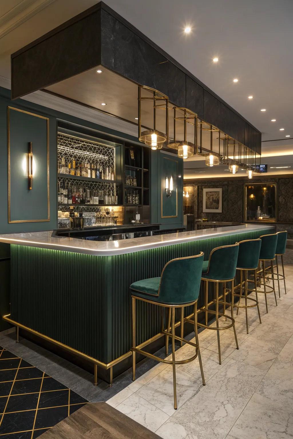 The heart of any sports bar, a sleek and inviting bar counter draws people in naturally.