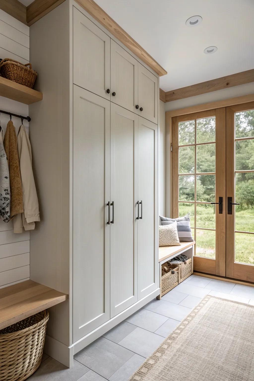 Closed storage helps maintain a clean and polished look in your mudroom.