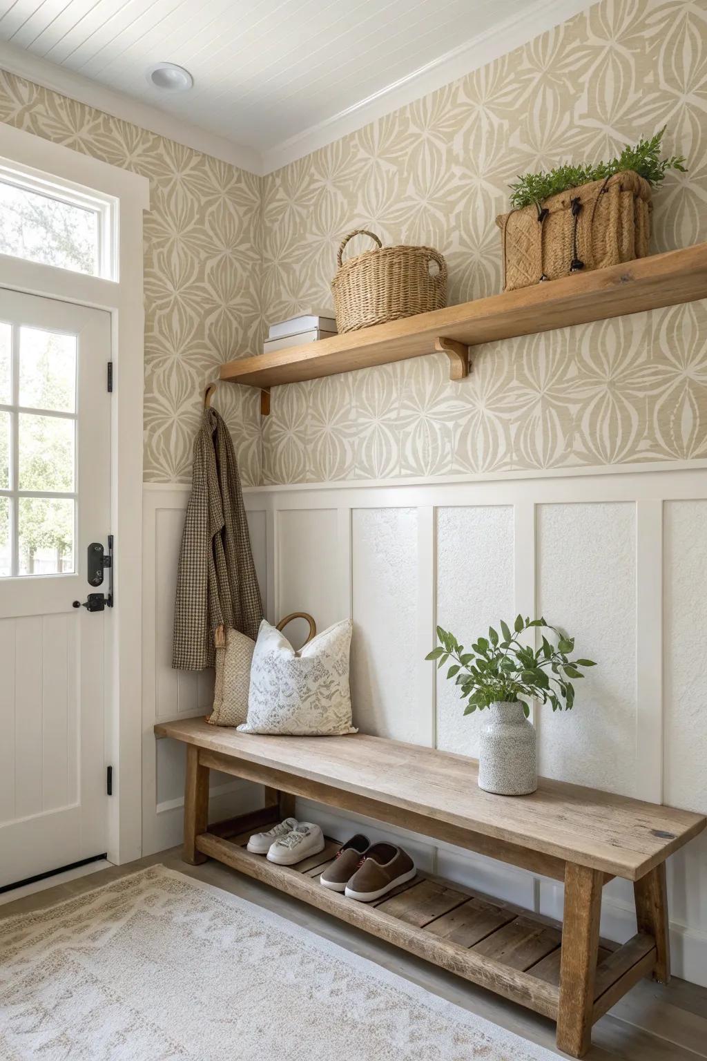 Elevate your mudroom with textured wallpaper that offers a touch of sophistication.