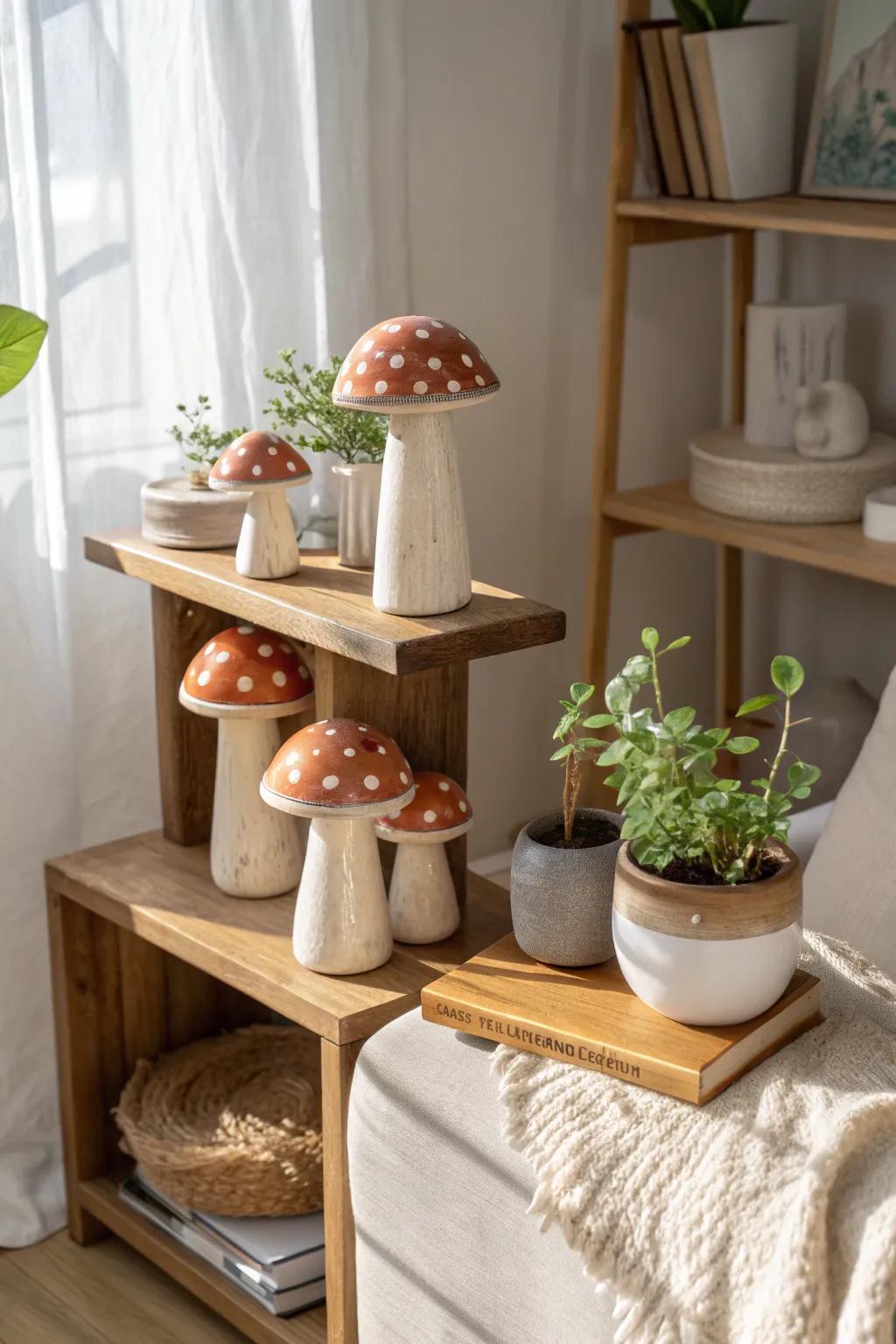 Enhance your home decor with charming mushroom figurines that bring a playful touch to any room.