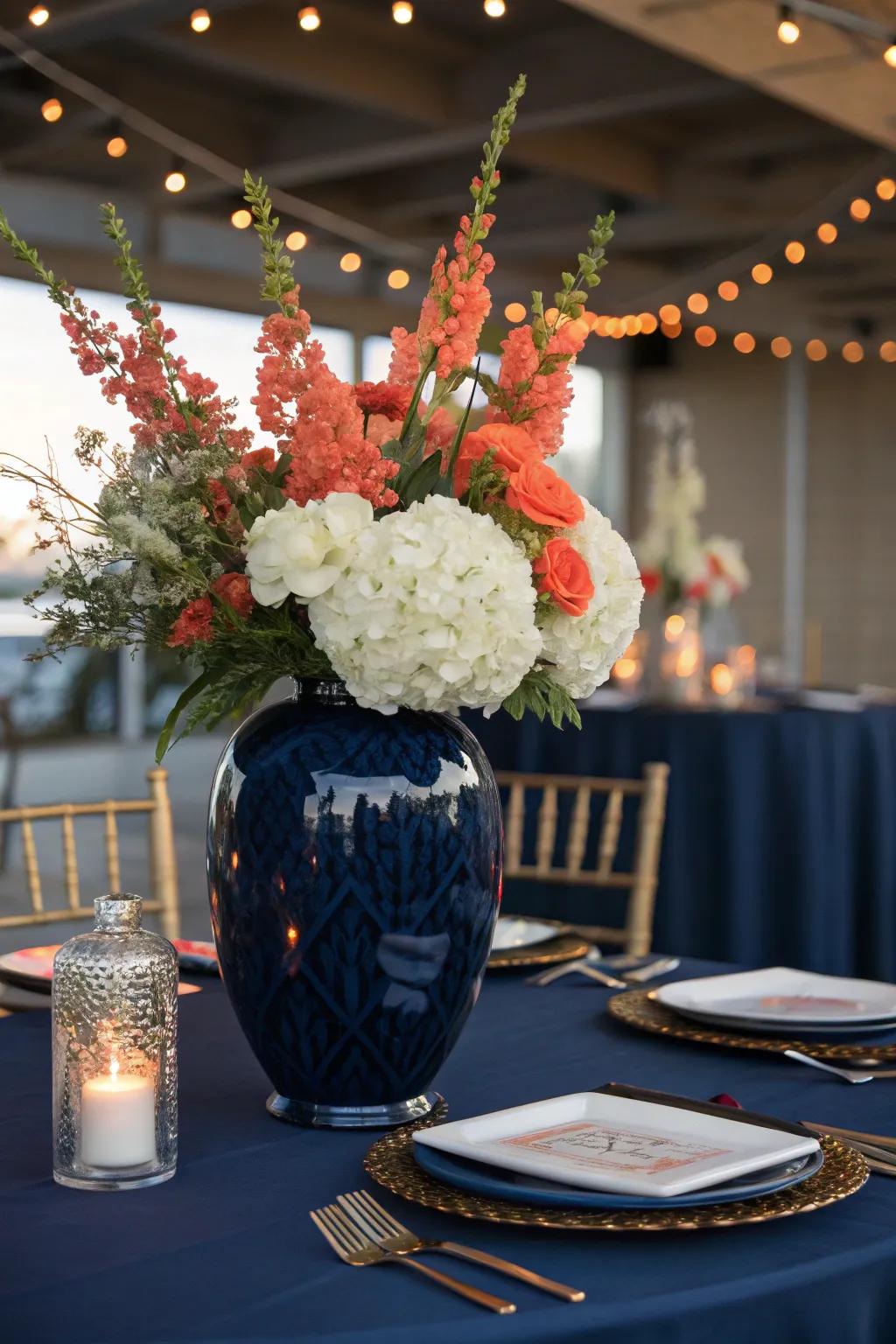 Elevate your table with floral beauty in navy hues.