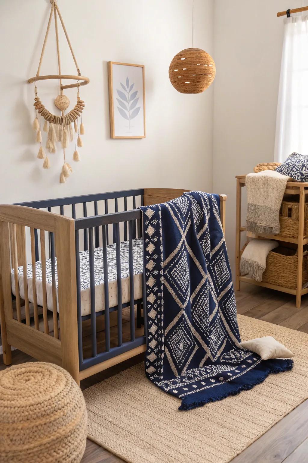 Soft textiles with subtle patterns add comfort and style to the navy nursery.