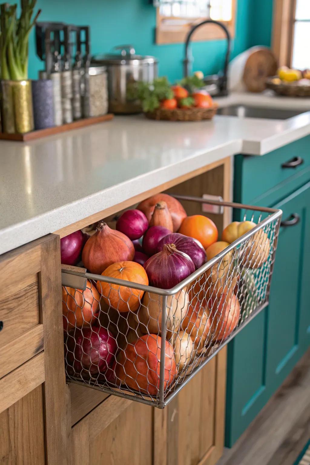 Keep your kitchen sleek and tidy with convenient pull-out cabinet baskets.