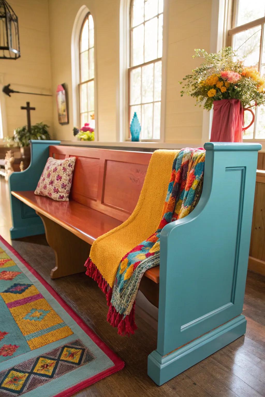 Create a vibrant, eclectic look with a multi-hued church pew.