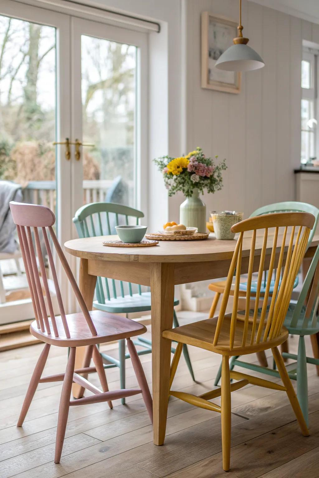 Mix and match colors for a vibrant and eclectic dining room setup.