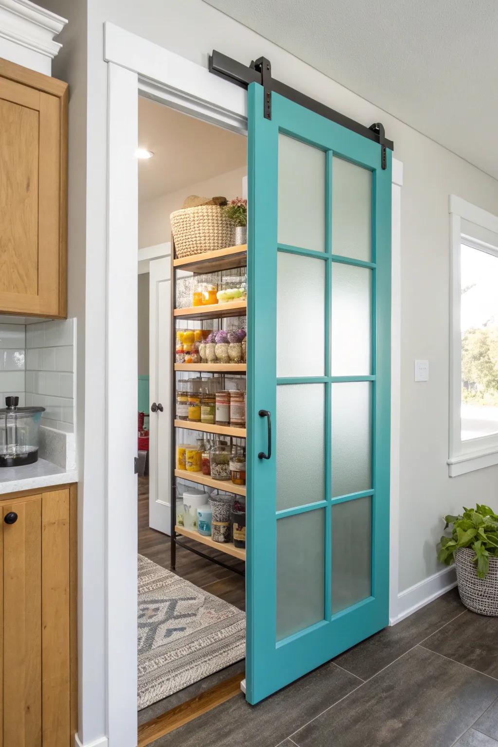 Frosted glass barn doors add subtle elegance while maintaining privacy in your kitchen.